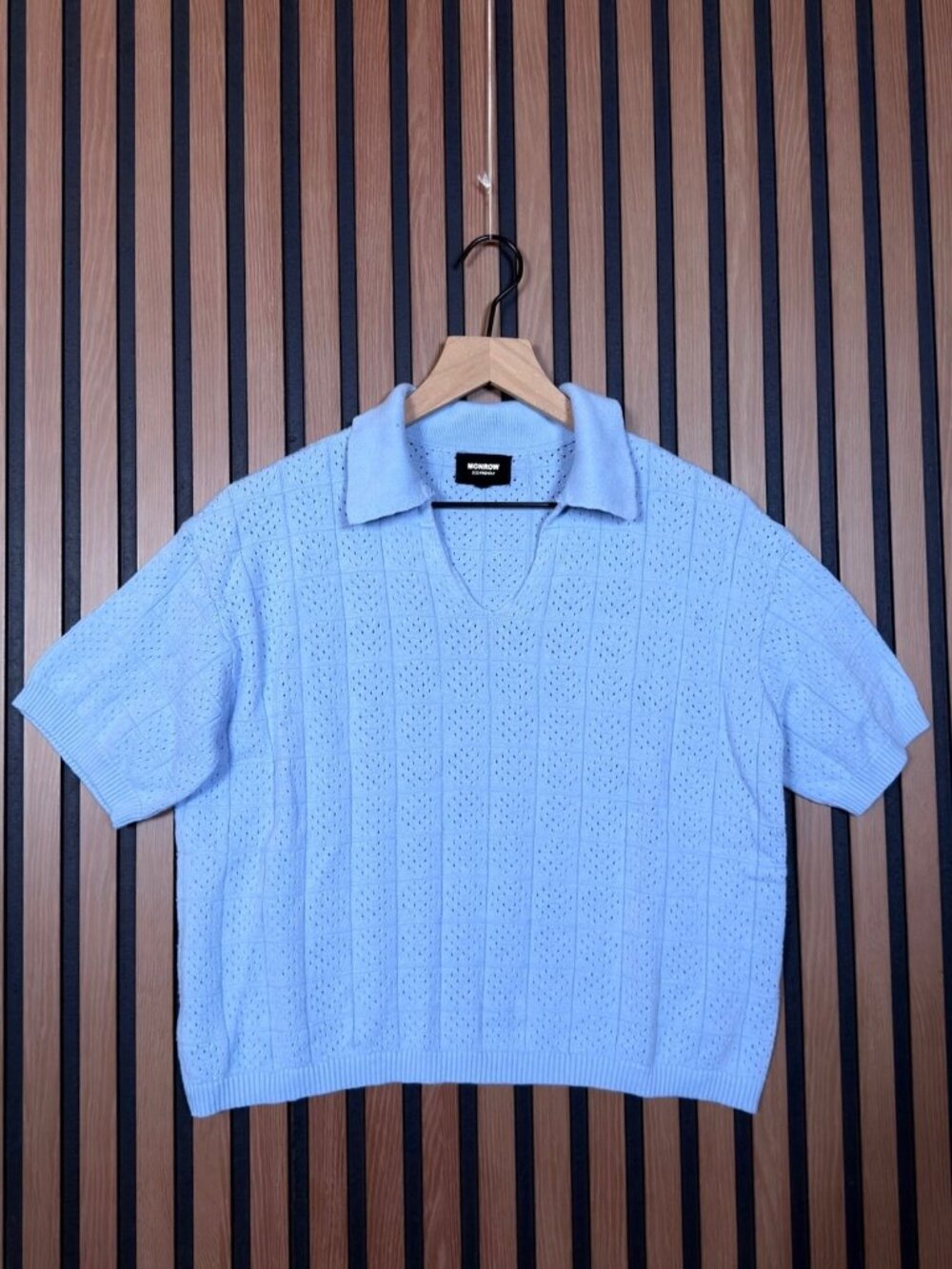 Monrow Sweater Small Womens Blue Open Eyelet Knit Recycled Cotton Tunic Polo
